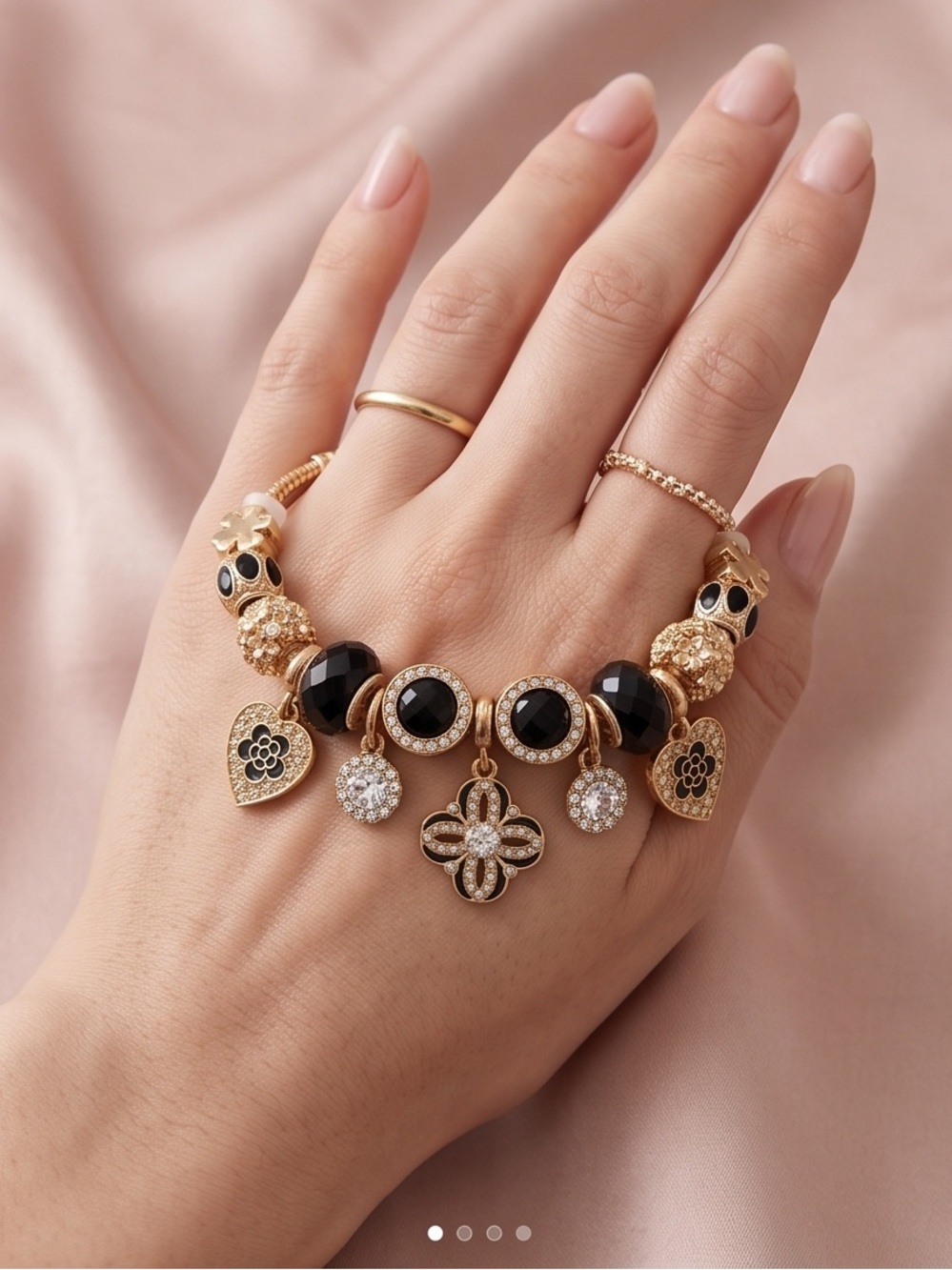 Gold & Black Onyx Style Charm Bracelet (Adjustable 6"–8")